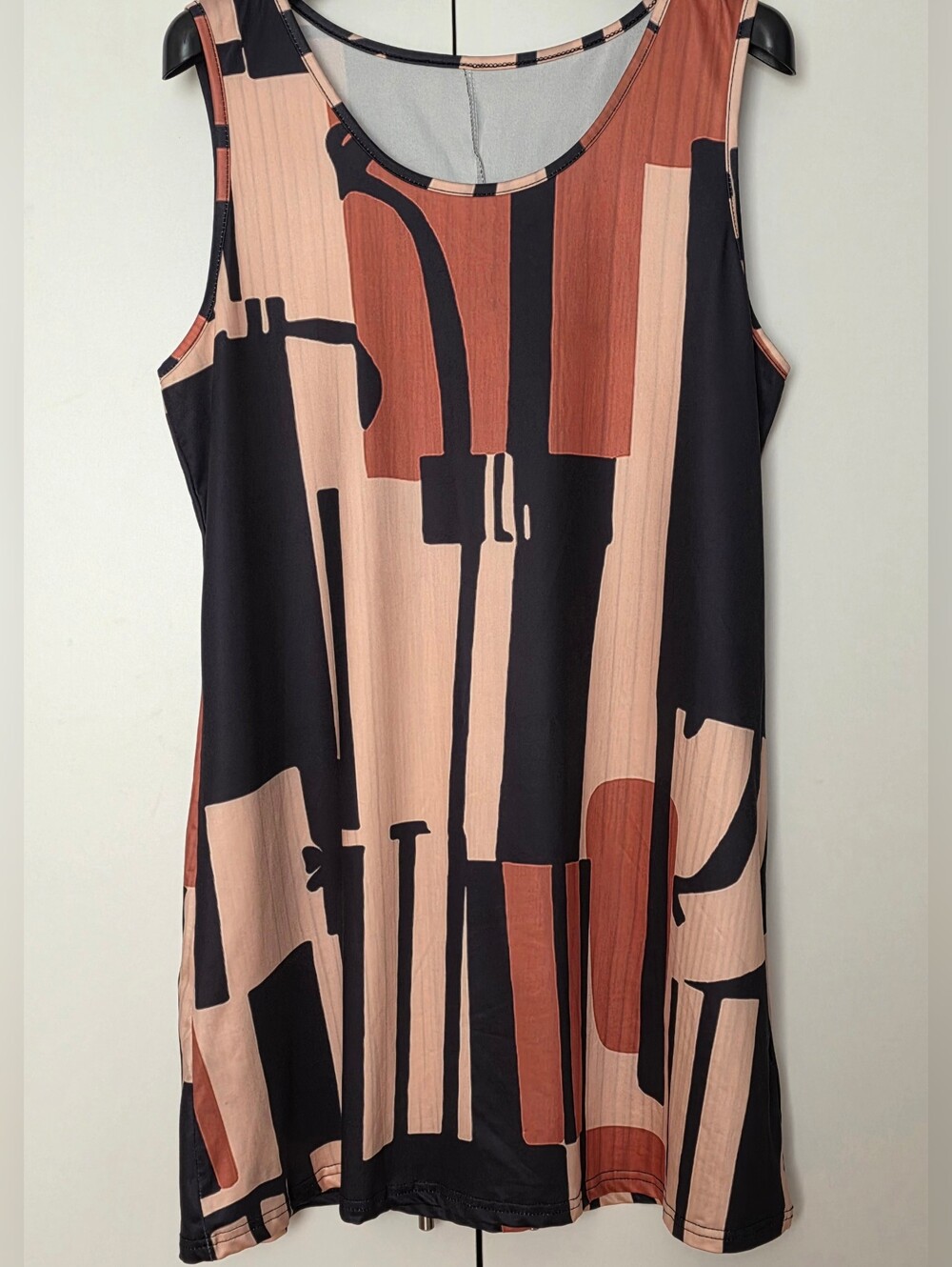 Women's Sleeveless Abstract Block Print Dress in Black and Rust SZ XXL